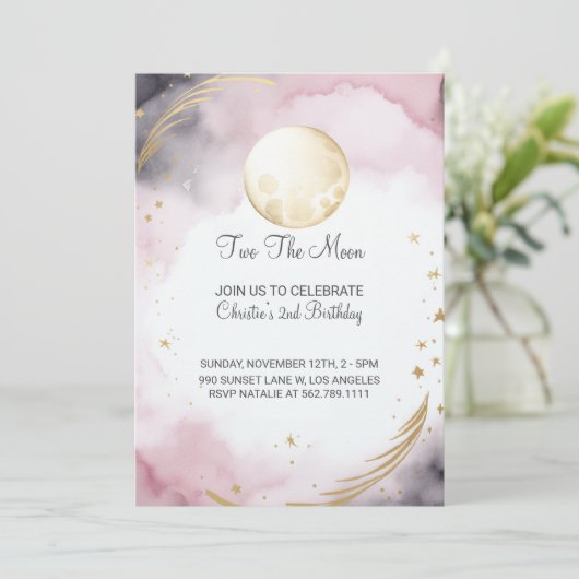 ピンクツーザムーンセカンドバースデー招待状 招待状 (スタンド正面)