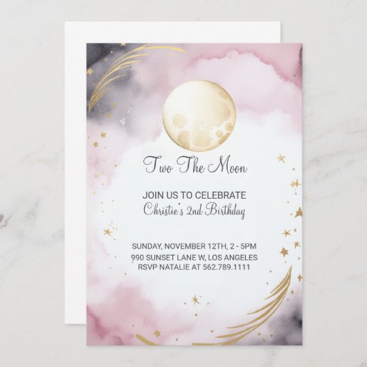 ピンクツーザムーンセカンドバースデー招待状 招待状 (正面/裏面)