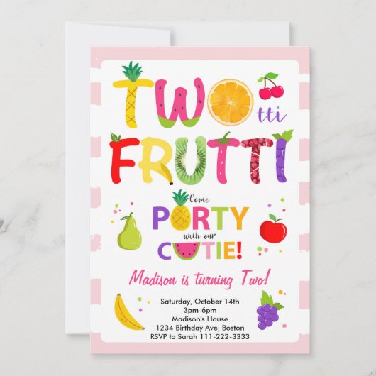 ピンクツーティフルーティガールズセカンドバースデー招待状 招待状 (正面)
