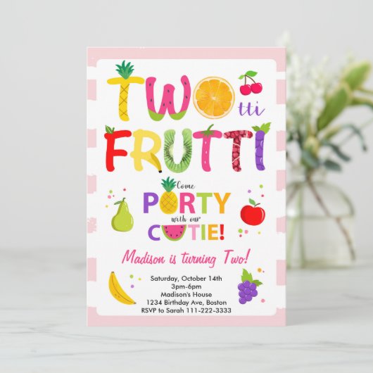 ピンクツーティフルーティガールズセカンドバースデー招待状 招待状 (スタンド正面)