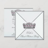 ピンクティアラクラシーホワイトSweet sixteenパーティー 招待状 (正面/裏面)