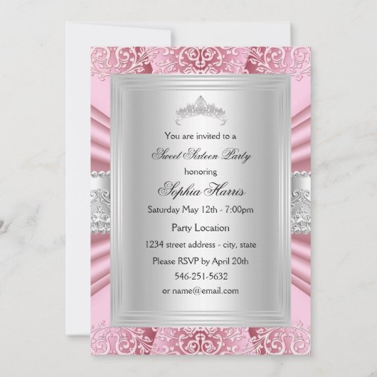 ピンクティアラダマスクスウィート16バースデーパーティー 招待状 (裏面)