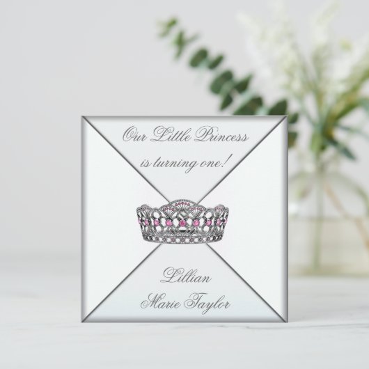 ピンクティアラリトルプリンセスファーストバースデーパーティー 招待状 (スタンド正面)