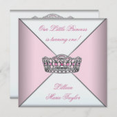 ピンクティアラリトルプリンセスファーストバースデーパーティー 招待状 (正面/裏面)