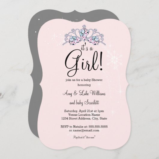 ピンクティアラ女の子ベビーシャワー招待状 招待状 (正面/裏面)