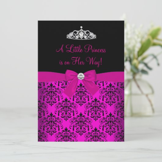 ピンクティアラ&ダマスクベビーシャワー招待状 招待状 (スタンド正面)