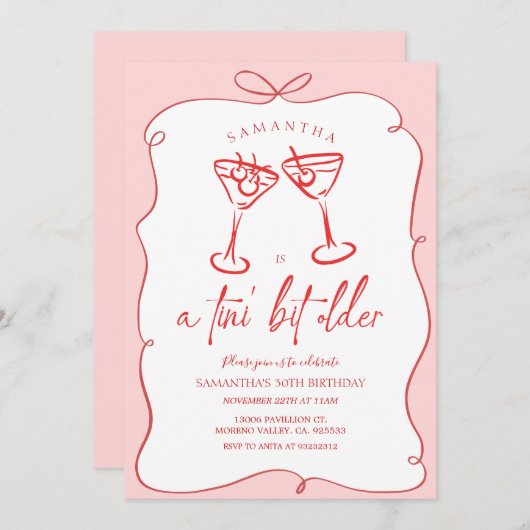 ピンクティニビット古いさくらんぼ大人の誕生日パーティー 招待状 (正面/裏面)