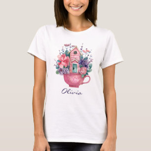 ピンクティーカップフェアユタリーハウスウォメンズホワイト Tシャツ
