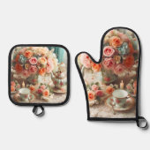 ピンクティーパーティーオーブンミットとポットホルダー 鍋つかみ&鍋敷きセット (正面)