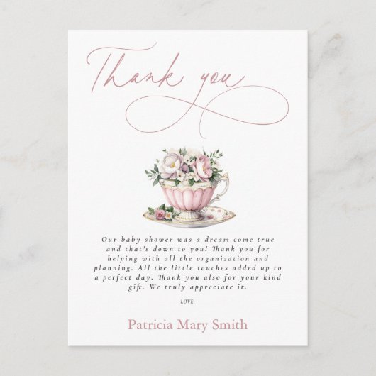 ピンクティーパーティーガールベビーシャワーありがとう ポストカード (正面)