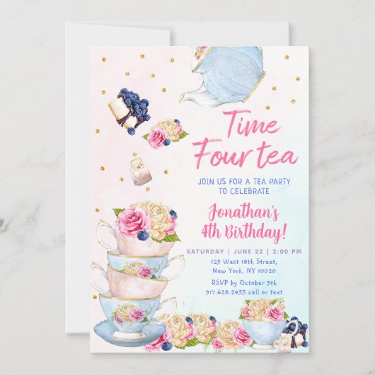 ピンクティーパーティータイムフォーティー誕生日 招待状 (正面)