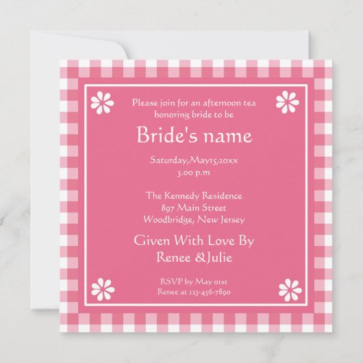 ピンクティーパーティーブライダルシャワー 招待状 (裏面)