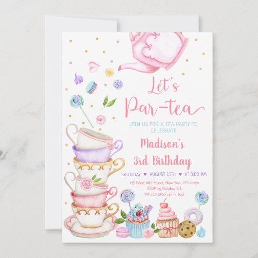 ピンクティーパーティーレッツパーティー誕生日 招待状 (正面)