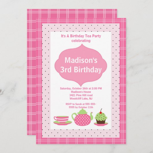 ピンクティーパーティー写真誕生日パーティーの招待 招待状 (正面/裏面)