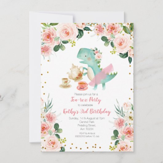 ピンクティーパーティー恐竜第3期招待状 招待状 (正面)