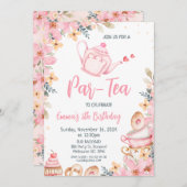 ピンクティーポットフローラティーパーティー誕生日 招待状 (正面/裏面)