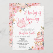 ピンクティーポットフローラベビーはベビーシャワーを醸造している 招待状 (正面/裏面)