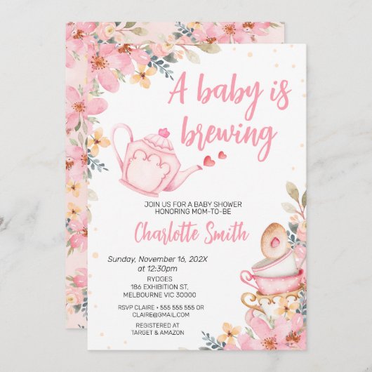 ピンクティーポットフローラベビーはベビーシャワーを醸造している 招待状 (正面/裏面)