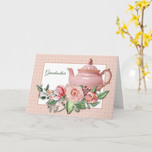 ピンクティーポットフローラ祖母の母の日 カード (黄色い花)