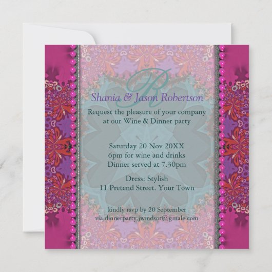 ピンクティール(緑がかった色)かわいらしレディースディナーパーティの招待状 招待状 (裏面)