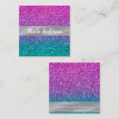 ピンクティール(緑がかった色)アクアブルー&パープルスパークリーグリッター スクエア名刺 (正面/裏面)
