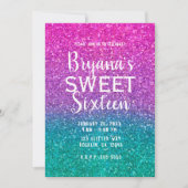 ピンクティール(緑がかった色)アクア&パープルスパークリーグリッタースウィート16 招待状 (正面)
