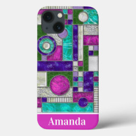 ピンクティール（緑がかった色）アールデコステンドグラス iPhone 13ケース