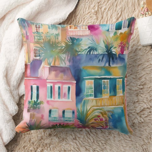 ピンクティール（緑がかった色）イエローウォーターの色のハウズパームツリーズ クッション (ブランケット)