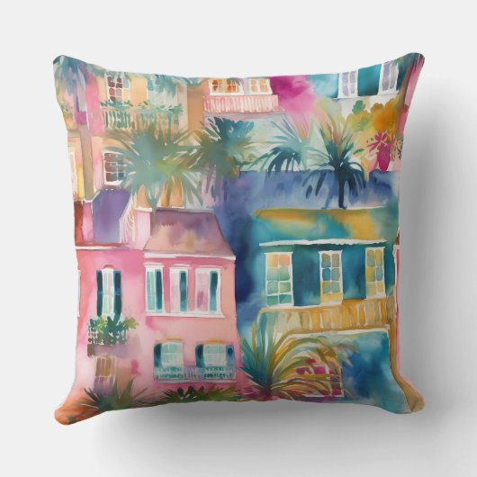 ピンクティール（緑がかった色）イエローウォーターの色のハウズパームツリーズ クッション (裏面)