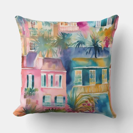 ピンクティール(緑がかった色)イエローウォーターの色のハウズパームツリーズ クッション (正面)