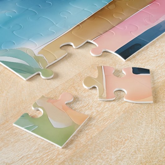 ピンクティール（緑がかった色）イエローウォーターの色のハウズパームツリーズ ジグソーパズル (側面)