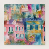 ピンクティール（緑がかった色）イエローウォーターの色のハウズパームツリーズ ジグソーパズル (縦)