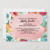 ピンクティール（緑がかった色）イエローフラワーズガールファースト誕生日 招待状 (正面)