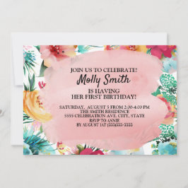 ピンクティール（緑がかった色）イエローフラワーズガールファースト誕生日 招待状
