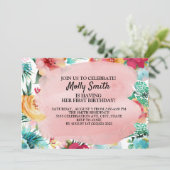 ピンクティール（緑がかった色）イエローフラワーズガールファースト誕生日 招待状 (スタンド正面)