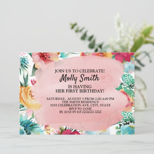 ピンクティール(緑がかった色)イエローフラワーズガールファースト誕生日 招待状 (スタンド正面)
