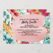 ピンクティール(緑がかった色)イエローフラワーズガールファースト誕生日 招待状 (正面/裏面)