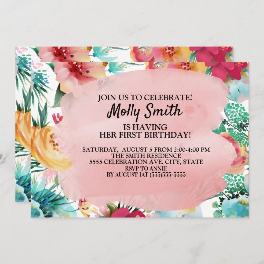 ピンクティール（緑がかった色）イエローフラワーズガールファースト誕生日 招待状 (正面/裏面)