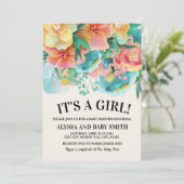 ピンクティール(緑がかった色)イエローフローラベビーシャワー招待状 招待状 (スタンド正面)