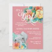 ピンクティール(緑がかった色)イエローフローラ象ベビーガールシャワー 招待状 (正面)