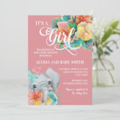 ピンクティール(緑がかった色)イエローフローラ象ベビーガールシャワー 招待状 (スタンド正面)