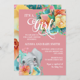 ピンクティール（緑がかった色）イエローフローラ象ベビーガールシャワー 招待状