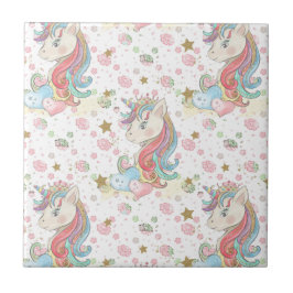 ピンクティール（緑がかった色）イエローユニコーンカラフル タイル