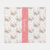 ピンクティール(緑がかった色)イエローユニコーンカラフル フリースブランケット (正面(横))