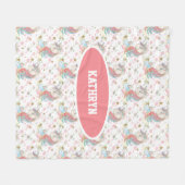 ピンクティール(緑がかった色)イエローユニコーンカラフル フリースブランケット (正面(横))