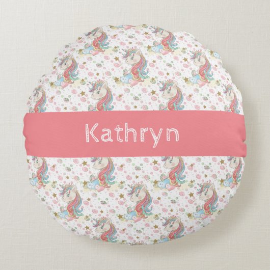 ピンクティール(緑がかった色)イエローユニコーンカラフル ラウンドクッション (正面)