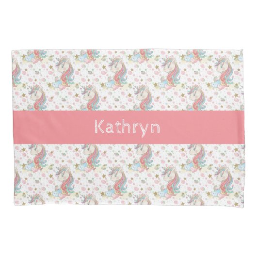 ピンクティール(緑がかった色)イエローユニコーンカラフル 枕カバー (正面)