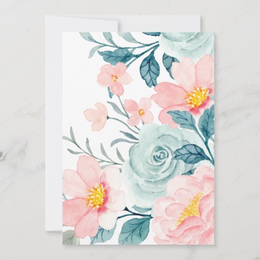 ピンクティール（緑がかった色）ウオーターカラーフローラブライダルシャワーブランチ 招待状 (裏面)