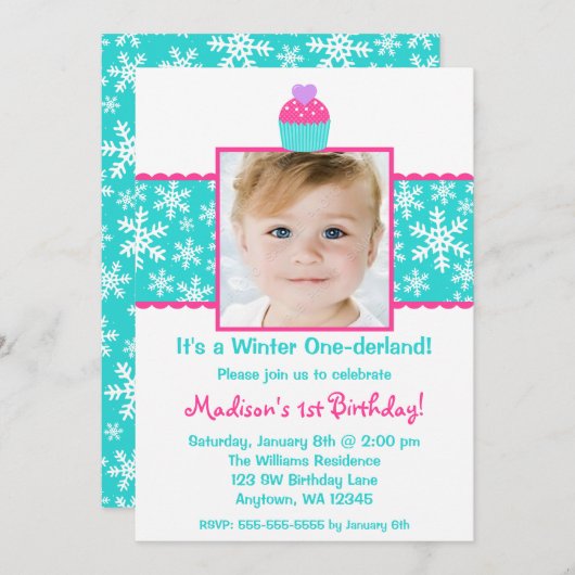 ピンクティール（緑がかった色）カップケーキスノーフレーク誕生日ガールフォト 招待状 (正面/裏面)