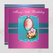 ピンクティール（緑がかった色）カメオバラ女性70thバースデーパーティー 招待状 (正面/裏面)